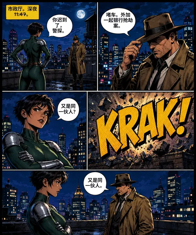 The same comic page after TranslateMyManga translated the caption box and every balloon into Simplified Chinese, leaving the sound effect in the art.