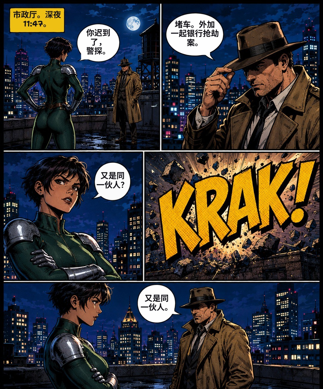 The same comic page after TranslateMyManga translated the caption box and every balloon into Simplified Chinese, leaving the sound effect in the art.
